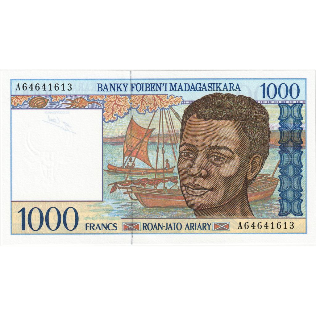 Μαδαγασκάρη, 
  
  1000 φράγκα = 200 Ariary, 
  
  UNC(65-70)