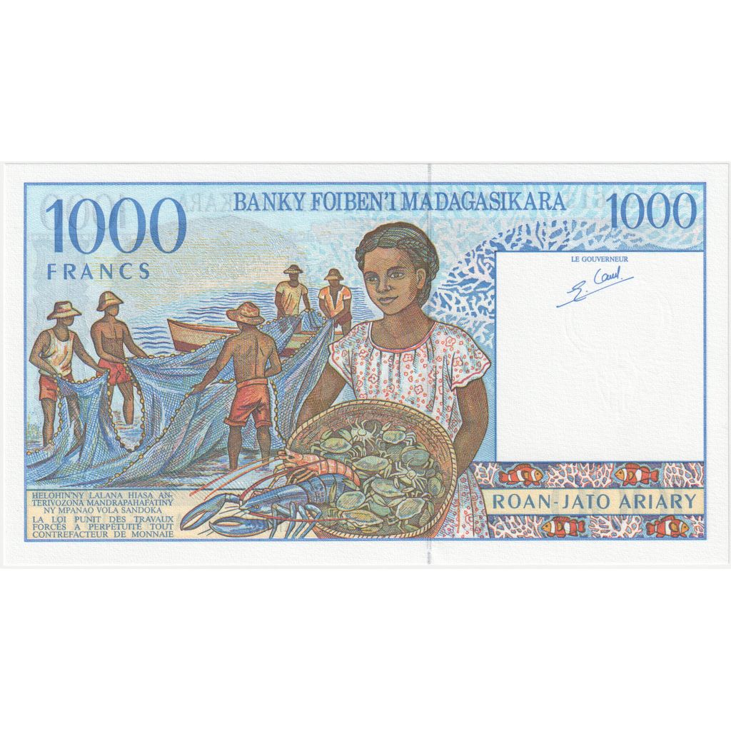 Μαδαγασκάρη, 
  
  1000 φράγκα = 200 Ariary, 
  
  UNC(65-70)