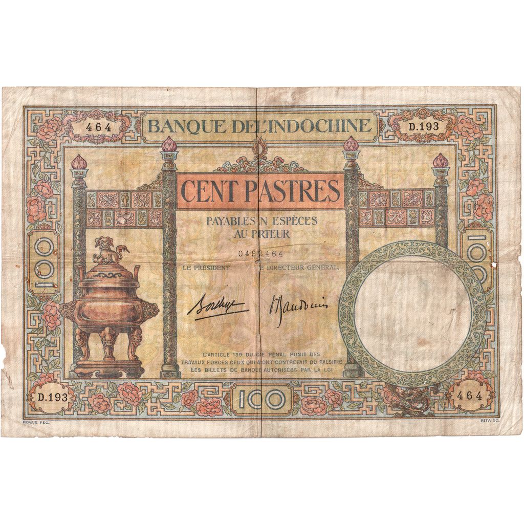 Γαλλική Ινδο-Κίνα, 
  
  100 Piastres, 
  
  VF (20-25)